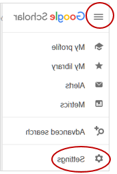 Google Scholar settings is located before the Google search field as an unlabeled button to the left of the my profile link